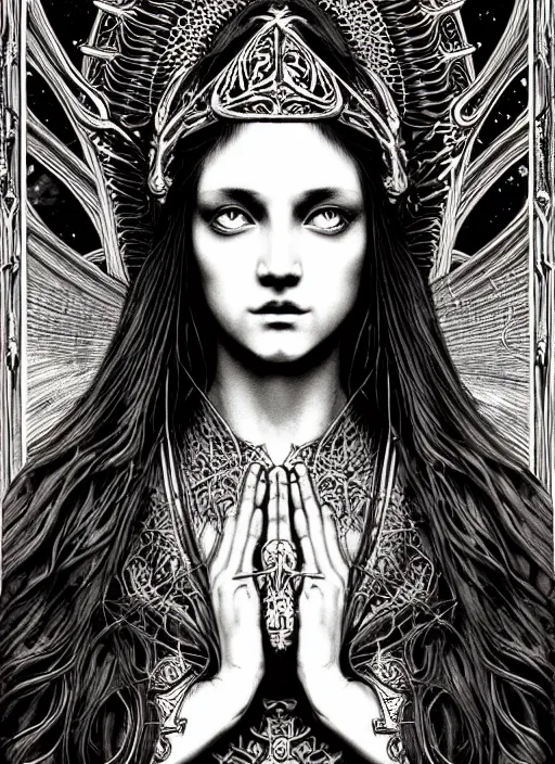 Image similar to beautiful priestess girl tarot card portrait, biomechanical, intricate artwork masterpiece, majestic, elden ring cinematic lighting, volumetric 8 k, by apollonia saintclair, josan gonzalez, gustave dore, edmund leighton, kilian eng, trending on cgsociety, 8 k