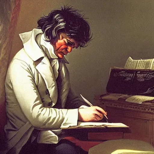 Image similar to beethoven's last days alive, he is sitting on his 1800s bed and writing a piece on a sheet of paper, sun flare.