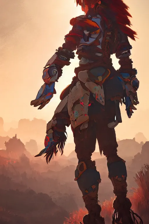 Image similar to combination suit armor aloy horizon forbidden west horizon zero dawn radiating a glowing aura global illumination ray tracing hdr fanart arstation by ian pesty and alena aenami artworks in 4 k tribal robot ninja mask helmet backpack