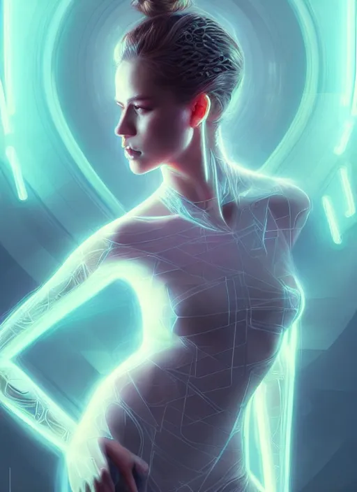 Prompt: portrait of female humanoid in transparent fashion wear, intricate, elegant, cyber neon lights, highly detailed, digital photography, artstation, glamor pose, concept art, smooth, sharp focus, art by artgerm and greg rutkowski