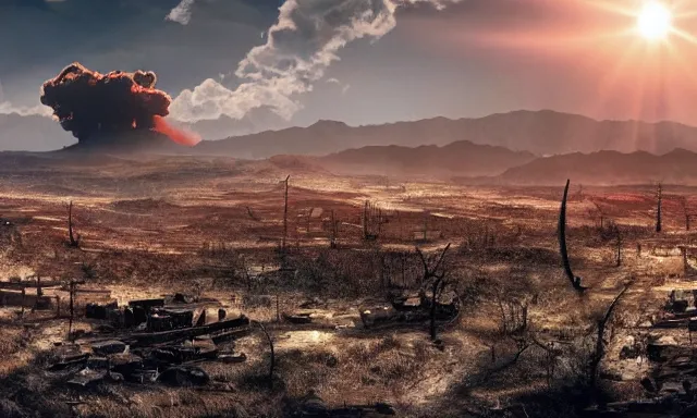 Prompt: post apocalyptic landscape, there is a nuclear explosion in the background, few sun rays, wallpaper, photo, hd, high detailed