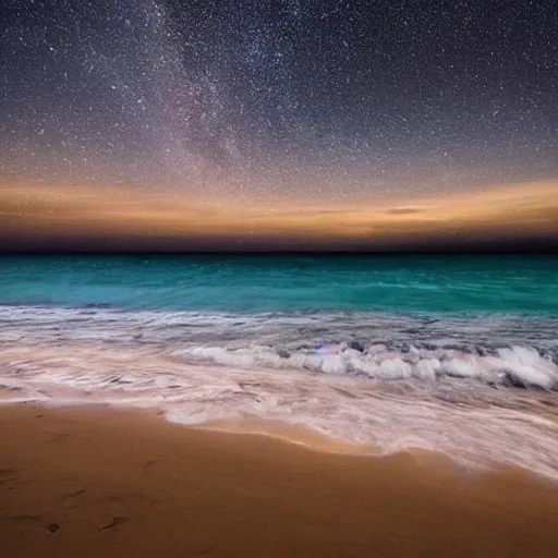 Prompt: calm peaceful beach at night, dark sky lit up with stars, alone, nighttime, waves, shore, sand