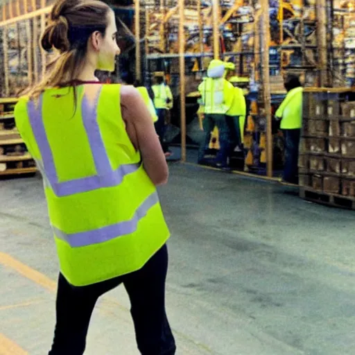 Image similar to photo, close up, emma watson in a hi vis vest, in warehouse, disposable camera,