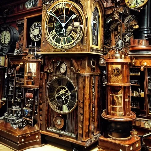 Prompt: interior of a giant beautiful steampunk clock shop, father time, nautical wooden grandfather clocks everywhere, realistic, very intricate hyper detailed masterpiece by arthur rackham