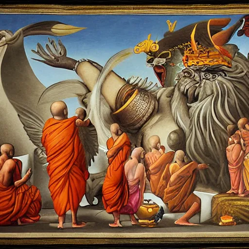 Image similar to hindu monks worshipping giant crow as devil on greek senete baroque painting, lionardo davinchi