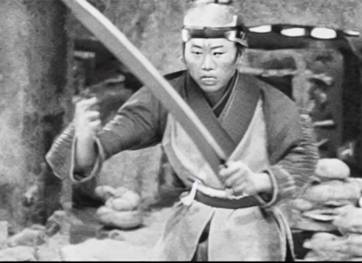 Prompt: a movie still of a samurai slicing through a loaf of bread by Akira Kurosawa