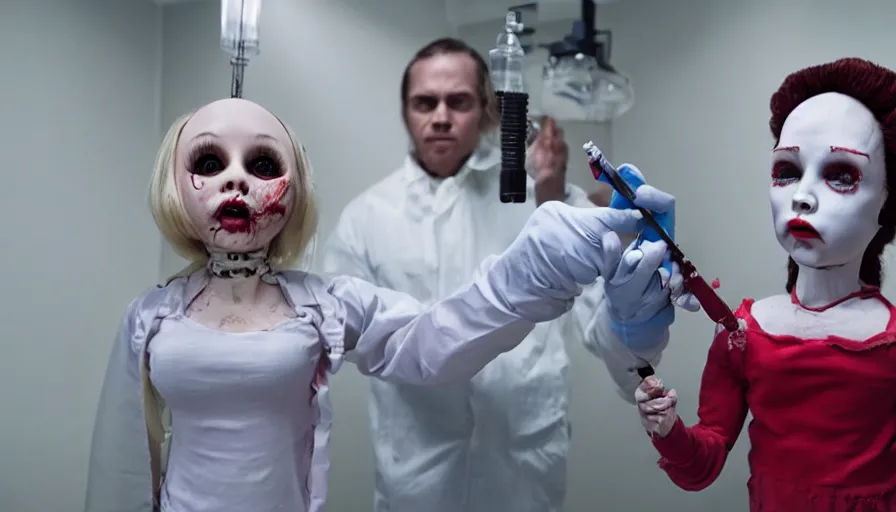 Prompt: big budget horror movie about an evil killer doll injecting someone with a syringe