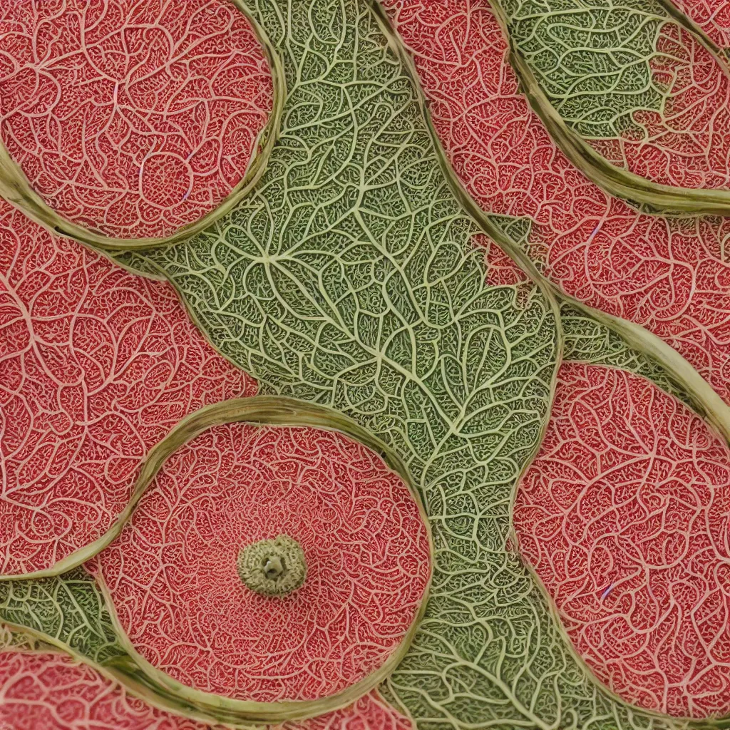 Prompt: circular fractal bananas that grow like coral, inside art nouveau embroidered plate with petal shape, big leaves and stems, roots. closeup, hyper real, food photography, high quality