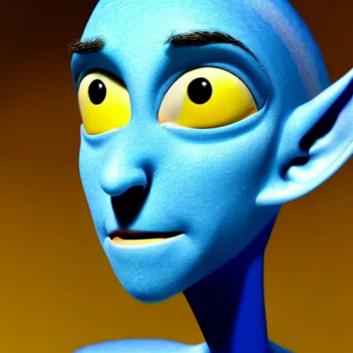 Prompt: a blue skinned male elf with yellow eyes, forwards facing, Pixar, high resolution