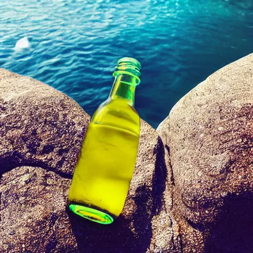 Image similar to bottle on a rock floating in the blue water surrounded by plethora of fauna and flora, bright blue skies up close shot, white background, zen, light, modern minimalist f 2 0 clean