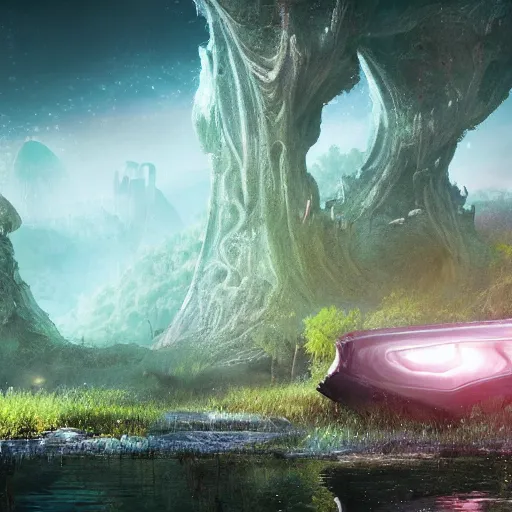 Image similar to an alien spaceship abandoned on a fairy biome, digital art, wet reflections, unreal engine 5, intricate details, fantasy, hyper realism, humongous view, rtx, smooth, cinematic