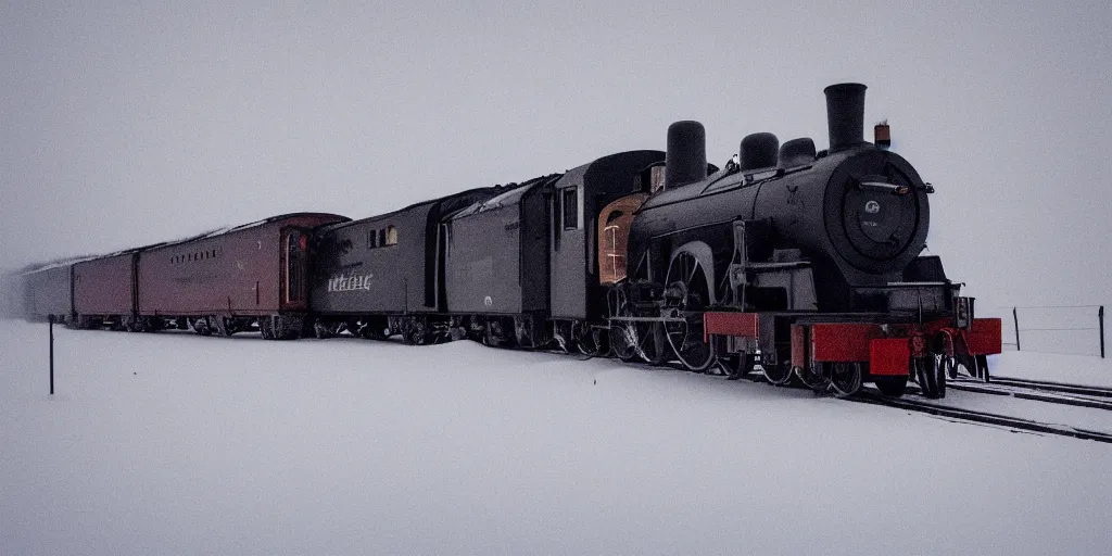 Prompt: a high detail photograph of a heavy steam train in the snow under a blizzard, realism, 4 k, award winning photograph, octane render, bloom, night, fog, high details