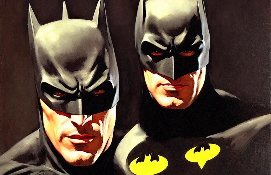 Image similar to portrait of 1 9 6 0's batman!!!!!!!!!!!!!!!!!!!!!!!!!!!, detailed face, detailed painting,, epic lighting, by ilya repin, phil hale and kent williams