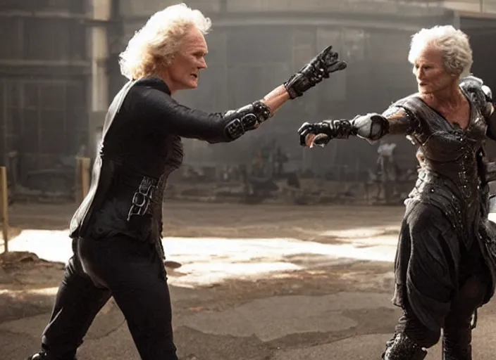 Prompt: extremely epic battle between glenn close and glenn far, a battle for the ages. fantastical, cyberpunk, new wave