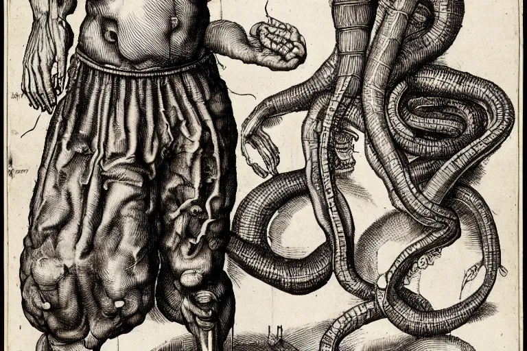 Image similar to anatomical diagram of a snake oil salesman by Albrecht Dürer