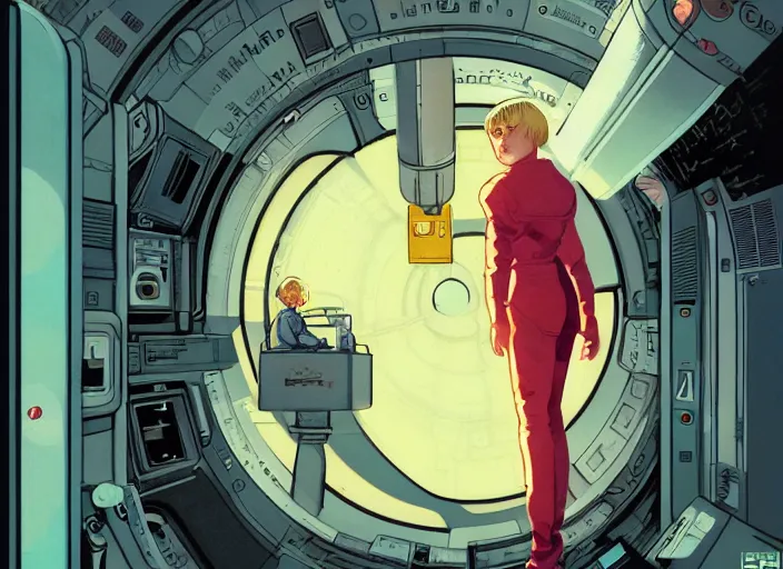 Prompt: awkward lonely brilliant female blond teenage tomboy girl with short hair, in a starship reactor room, flight suit, looking down, risograph grainy drawing, science fiction, andreas rocha, complimentary color palette, mark brooks, 1 9 8 0, krenz cushart, kodachrome, natural colors, comicbook spreadsheet,