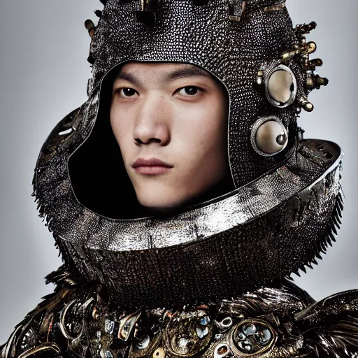 Image similar to a portrait of a beautiful young male wearing an alexander mcqueen armor made of meteorites , photographed by andrew thomas huang, artistic