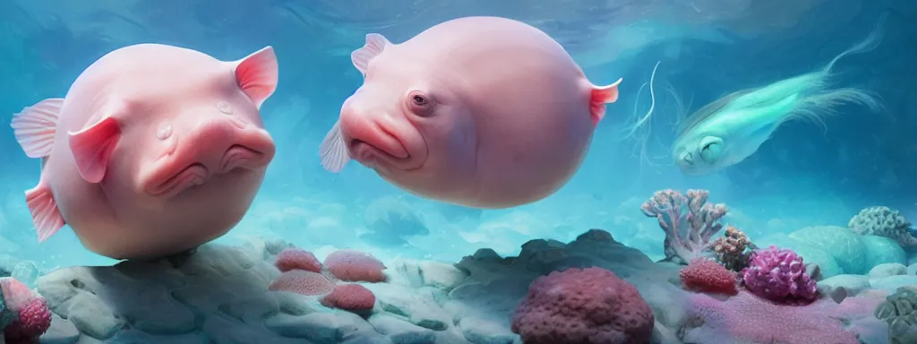 Prompt: a blobfish in a coral reef by charlie bowater and anna dittmann and artgerm and clemens ascher, intricate, elegant, pink and blue and green mist, highly detailed, dramatic lighting, sharp focus, octane render, trending on artstation, artstationhd, artstationhq, unreal engine, 4 k, 8 k