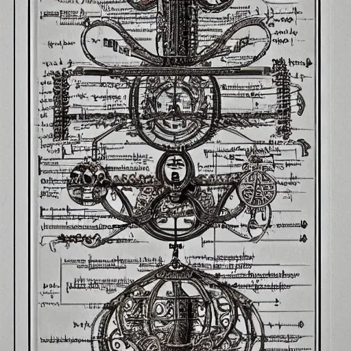 Image similar to schematic blueprint of highly detailed ornate filigreed convoluted ornamented elaborate medical equipment, art by da vinci