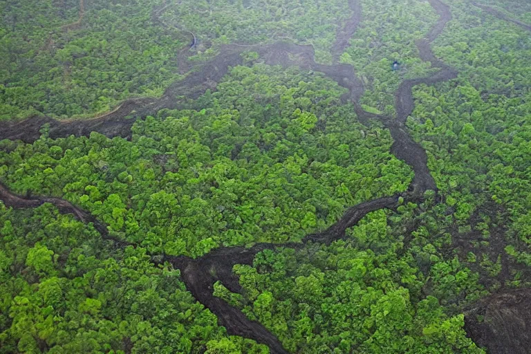 Image similar to boundary between two realms: at right is green like a wild jungle and the other at left is a dark mountain with lava