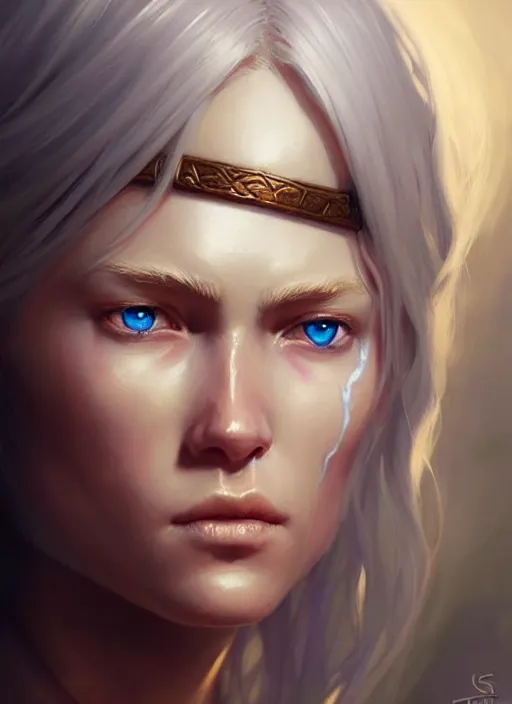 Image similar to a fantasy style portrait painting of shy white female paladin with blonde hair and blue eyes shy, scar under left eye, holy oil painting unreal 5 daz. rpg portrait extremely detailed artgerm greg rutkowski _ greg