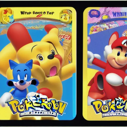 Image similar to photograph of winnie the pooh and super mario and sonic the hedgehog anime style, on pokemon card packs at target