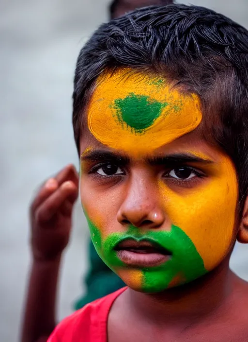 Prompt: a young indian boy with saffron white and green stripes painted on his face, indian flag, chakra in the center