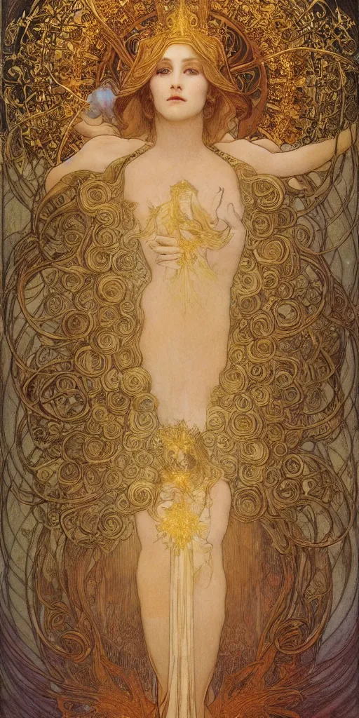 Image similar to portrait burning saint face, venus, athena, halo, by alphons mucha and annie swynnerton and jean delville, strong dramatic cinematic lighting, ornate headdress, flowing robes, spines, flowers, stars, lost civilizations, smooth, sharp focus, extremely detailed, marble, molten gold, space