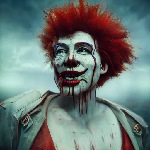 Image similar to Very very very very highly detailed epic central composition photo of Ronald McDonald face, intricate, dystopian, sci-fi, extremely detailed, digital painting, smooth, sharp focus, illustration, intimidating lighting, incredible art by Brooke Shaden, artstation, concept art, Octane render in Maya and Houdini