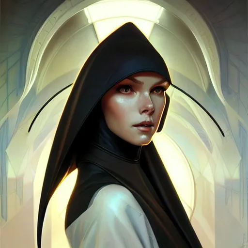 Prompt: futuristic nun, sci-fi, fantasy, intricate, elegant, highly detailed, digital painting, artstation, concept art, smooth, sharp focus, illustration, art by artgerm and greg rutkowski and alphonse mucha