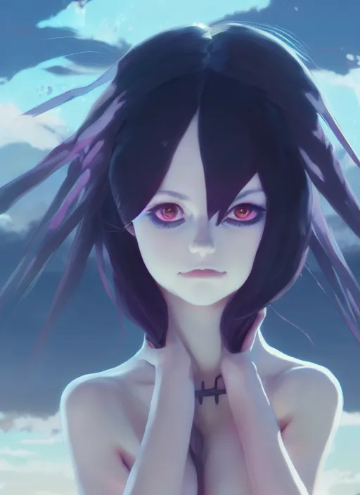 Image similar to portrait of cute goth girl in latex clothes, cloudy sky background lush landscape illustration concept art anime key visual trending pixiv fanbox by wlop and greg rutkowski and makoto shinkai and studio ghibli