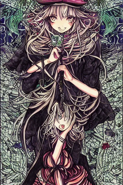 Image similar to marisa kirisame, touhou project, official artwork, intricate, amazing line work, colorful, tarot cards, the devil tarot card