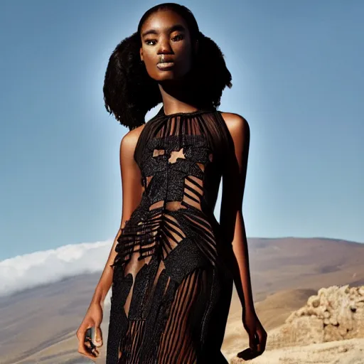 Prompt: close up of face of a black fashion model with huge and large valentino dress at the edge of active etna vulcan, official valentino editorial, highly detailed