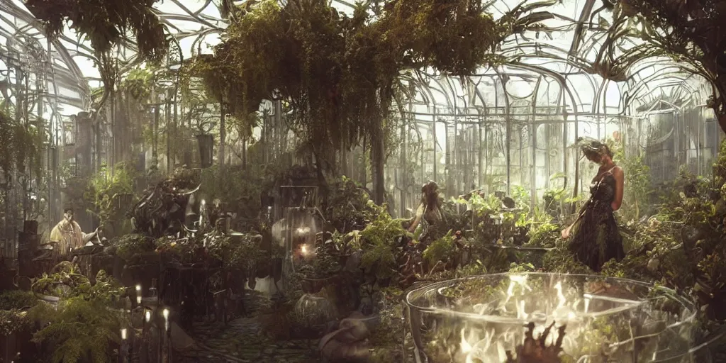 Image similar to octane render, ultra photorealistic, hyper detailed, unreal engine, a breathtaking sci - fi gothic victorian greenhouse terrarium with amber liquid containers perserving human bodies. artwork by guillermo del toro, james cameron, greg rutkowski, alphonse mucha, james gurney inspired by blade runner 2 0 4 9