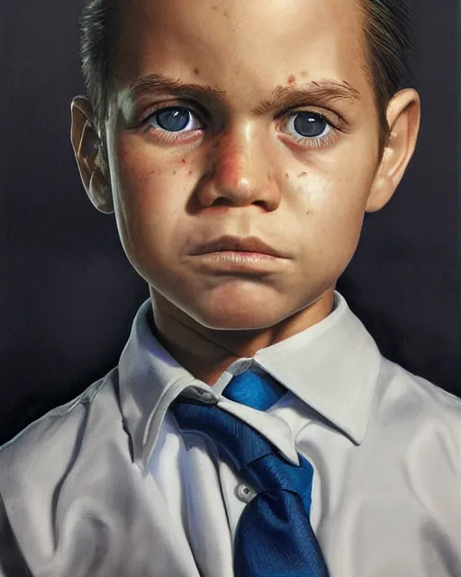 Image similar to portrait of a 7 year old child, gritty, serious, wearing a suit, very detailed eyes, hyperrealistic, beautiful, very detailed painting by Glenn Fabry, by Joao Ruas, by Artgerm