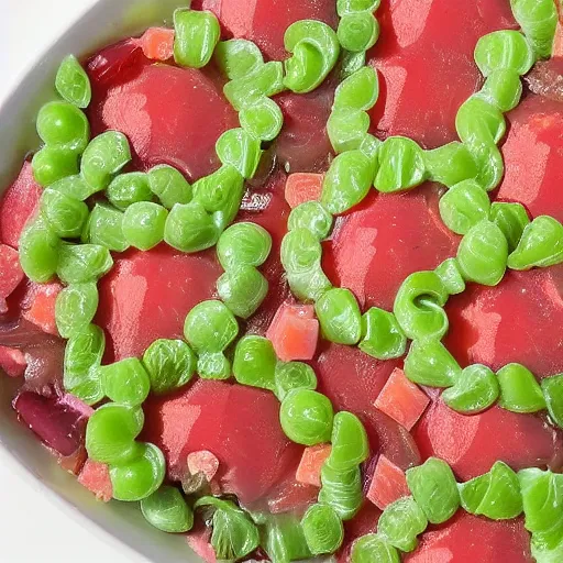 Image similar to photo of a 1970s jellied salad full of tiny humans