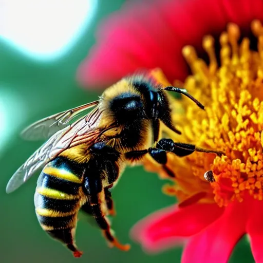 Prompt: a closeup photo of a cyberpunk bee on a flower