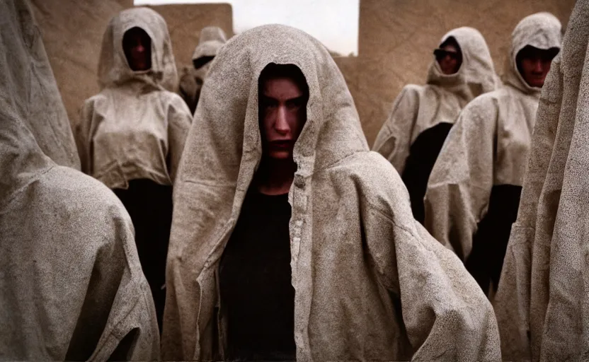 Prompt: cinestill 5 0 d photographic portrait by helen levitt of a group of android women wearing rugged black mesh techwear in a cement maze, extreme closeup, modern cyberpunk, minimalism, dust storm, 8 k, hd, high resolution, 3 5 mm, f / 3 2, ultra realistic faces, intricate detail, ex machina