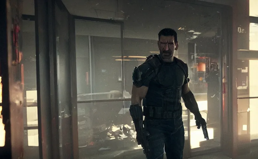 Prompt: a 4 k cinematic still portrait of the punisher breaking into the office from a gritty cyberpunk 2 0 0 0 s james cameron movie about spider - man. realism, cinematic lighting, 4 k. 8 mm. grainy. panavision.