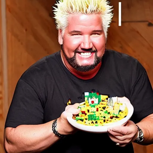 Image similar to guy fieri smiling ear to ear after making a lego food dish