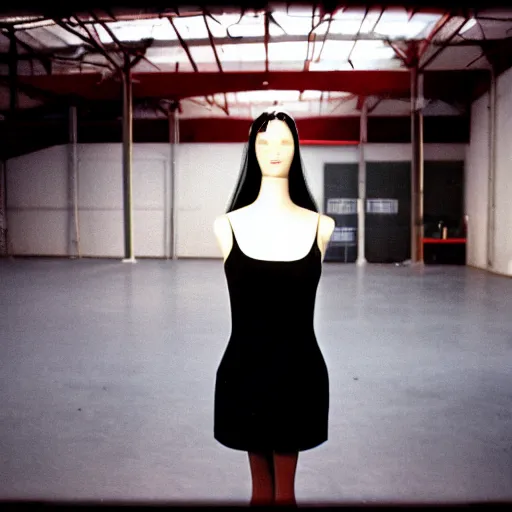 Image similar to empty warehouse room with a lone fashionable mannequin girlfriend in front of the camera cinestill 7 0's film