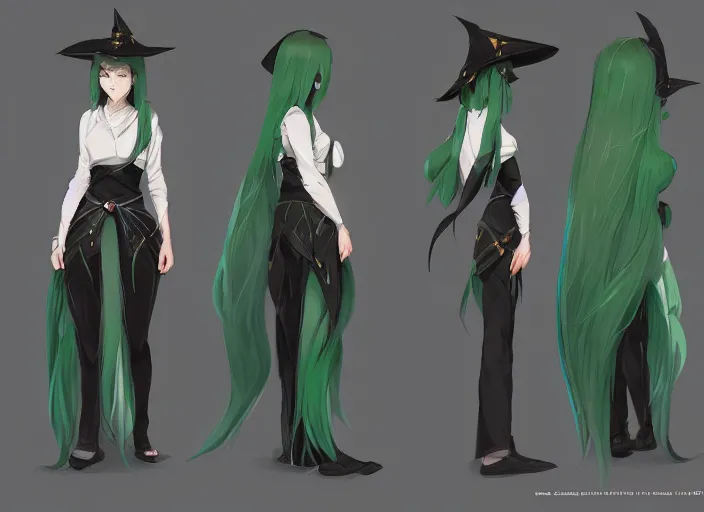 Prompt: character sheet for a beautiful and cute girl for genshin impact by greg rutkowski, black to light green fade hair, genshin impact style, sorcerer magic witch, by studio ghibli, digital art, trending on artstation, hd, 8 k, highly detailed, good lighting, beautiful, masterpiece