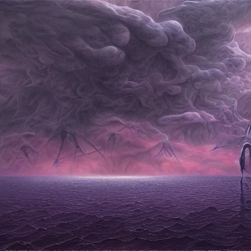 Image similar to a weeping demon crouching in the middle of a shallow sea, purple sky and black clouds, by Dan Seagrave and by Dan Witz, hd, 8k resolution, high detail