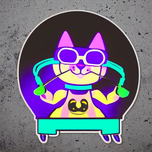 Prompt: svg sticker of a Dancing-Cat, at a rave, spinning records, giant headphones rocking out, wearing headphones, huge speakers, dancing, rave, DJ, spinning records, digital art, amazing composition, rule-of-thirds, award-winning, trending on artstation, featured on deviantart