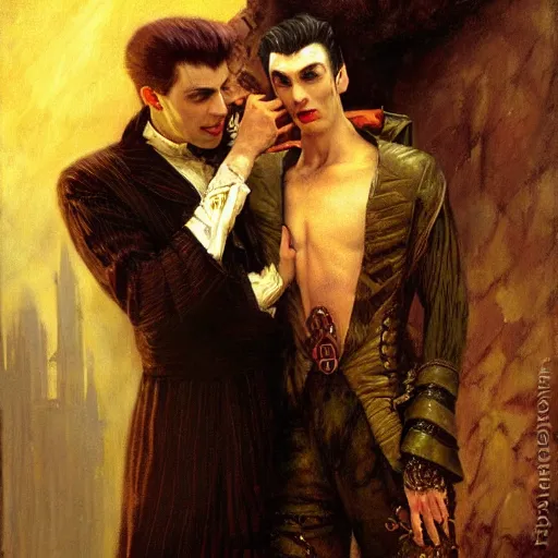 Image similar to attractive male, arthur pendragon confesses his love to attractive male dracula the vampire. highly detailed painting by gaston bussiere, craig mullins, j. c. leyendecker 8 k