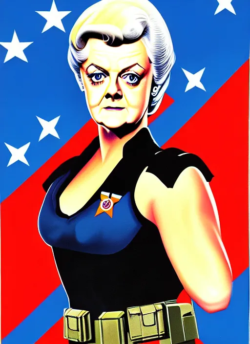 Image similar to g. i. joe portrait painting of angela lansbury, hasbro box art, 1 9 8 8, hq scan