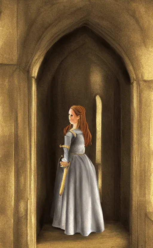 Image similar to medieval servant girl walking in castle hallway, about to enter doorframe, half turned around, full body, ultra realistic, digital painting