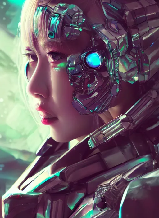 Image similar to a highly detailed portrait of a kpop idol mecha girls in spiked cyberpunk bioarmor trending on artstation by yoshitake amano, cyberpunk light, holographic undertones, 3 d cg, octane rendered, futuristic, 2 k aesthetic, dramatic lighting, 4 k, highly saturated colors