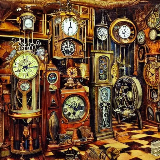 Image similar to interior of a steampunk clock shop, father time, wooden grandfather clocks everywhere, realistic, very intricate hyper detailed masterpiece by max ernst