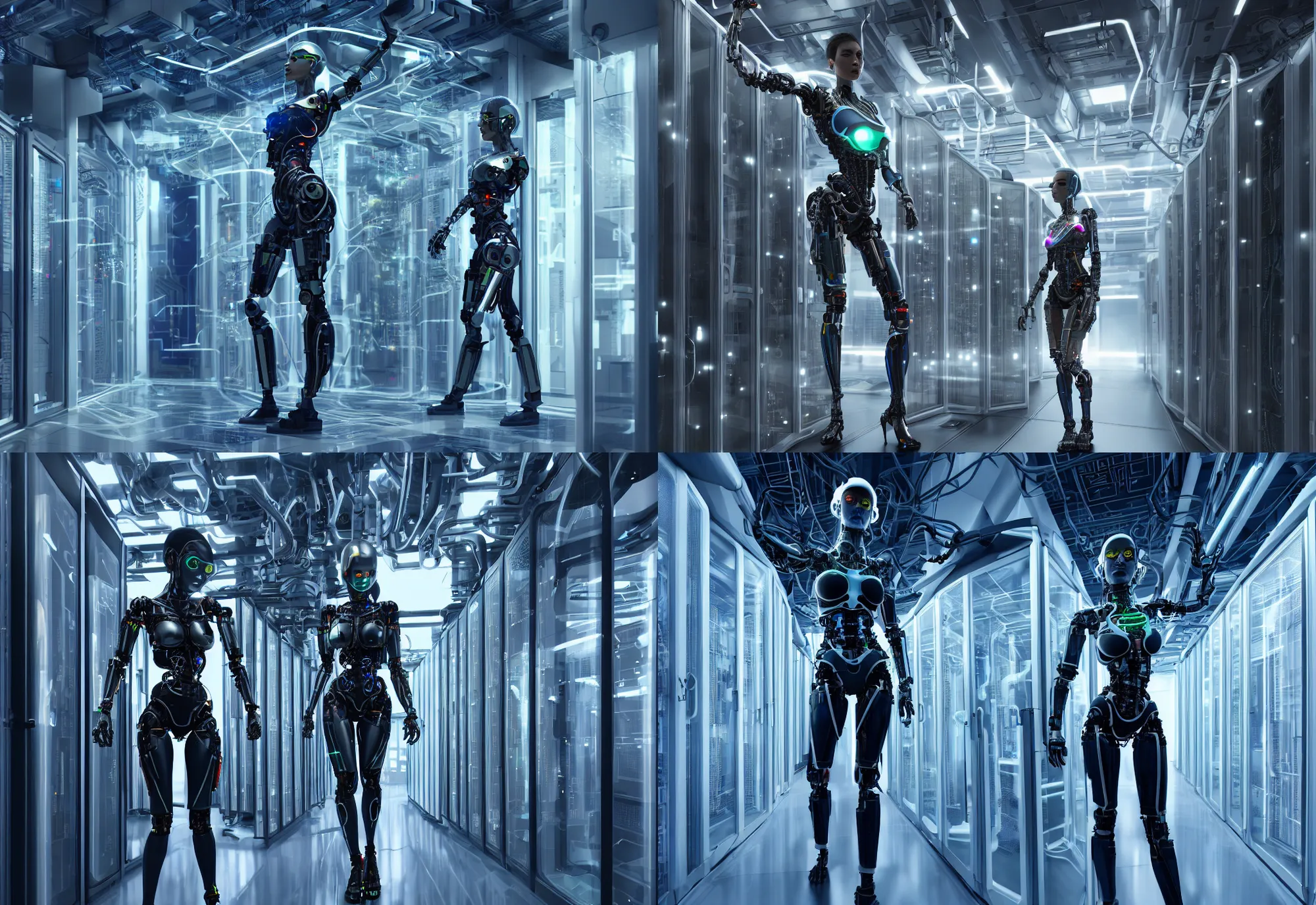 Prompt: female cyborg in data center, in detailed data center, in realistic data center, character design, proportional human body, stylish, awesome composition rules, cinematic realistic, detailed, composition, hyper realistic, extreamly detailed octane render 8 k by ex - machina, by cyberpunk